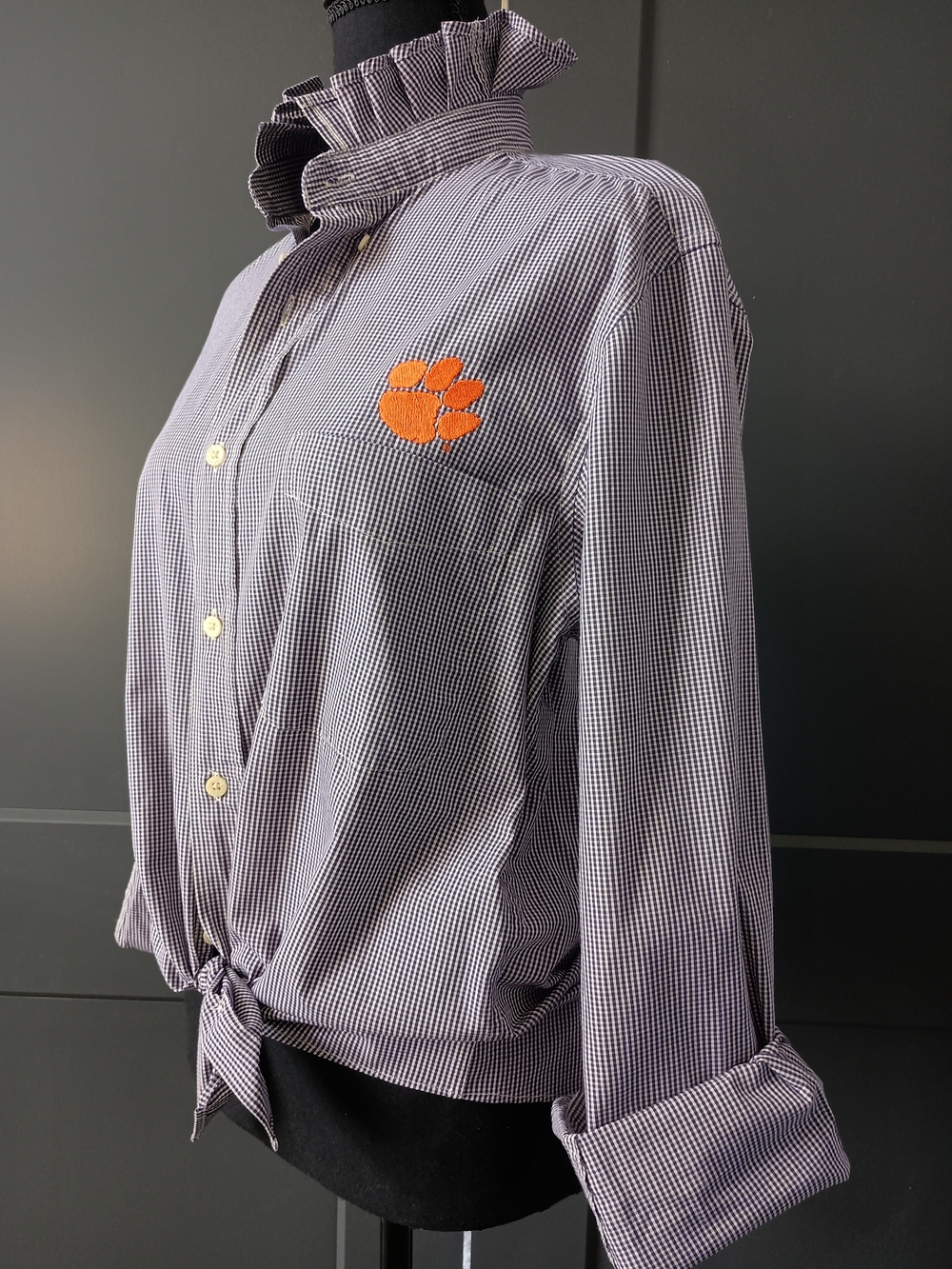 Upcycled Women's Clemson Ruffle Collar Shirt #106